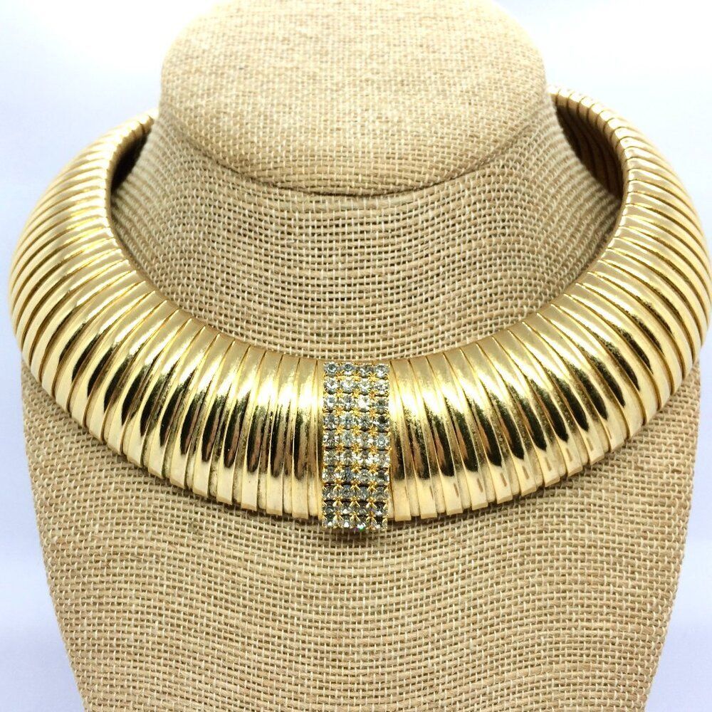 VINTAGE OMEGA Necklace Jumbo Collar Rhinestone Center Ribbed 80s Runway Necklace